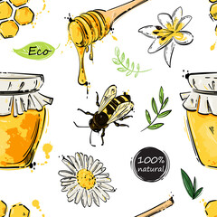 Vector abstract seamless pattern with a jar of honey, honeycombs, a bee, a camomile.