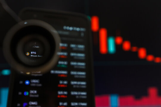 SAN FRANCISCO, US - 9 May 2019: A Graph of Decreasing Trend of BTG Bitcoin Gold Cryptocurrency. The Illustration of Red Candles Bar Falling Down Trend, San Francisco, California, USA. 