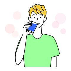 熱中症対策 水分補給のためにグラスコップで水を飲んでいる可愛い男性 イラスト シンプル ベクター
