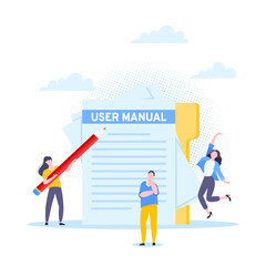 User manual guide book flat style design vector illustration. Tiny people and giant pencil working together with guide book. Specifications user guidance document.