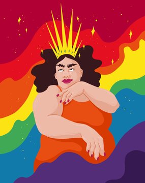 Drag queen with a crown in front of a rainbow background
