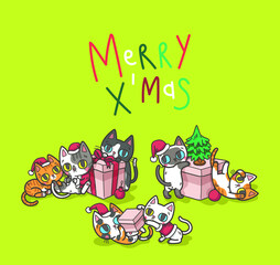Vector illustration set of variation colours of house domestic cats in many positions of christmas party celebration event.Flat cat cartoon x mas party colorful vector illustration