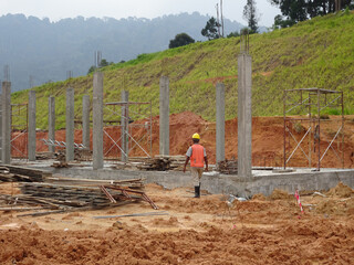 SEREMBAN, MALAYSIA -AUGUST 1, 2020: The concrete pillar structure is under construction at the...
