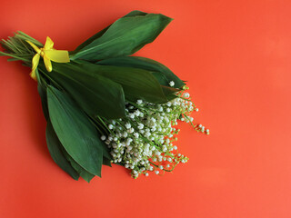 Spring or summer background. bouquet of lilies of the valley on a red background. view from above. copy space. spring flowers concept. Bright wallpaper