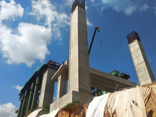 SEREMBAN, MALAYSIA -AUGUST 1, 2020: The concrete pillar structure is under construction at the...