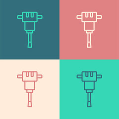 Pop art line Construction jackhammer icon isolated on color background. Vector