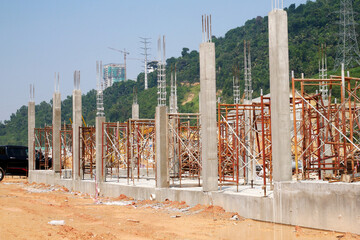 SEREMBAN, MALAYSIA -AUGUST 1, 2020: The concrete pillar structure is under construction at the...