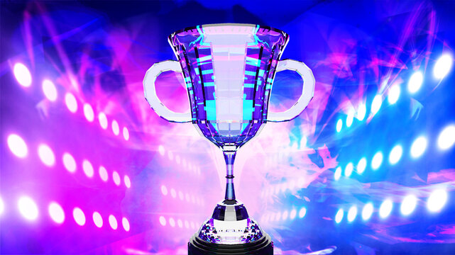 Trophy for E-sport gaming winner on background futuristic blue and violet color spotlight stadium , 3d rendering picture. 