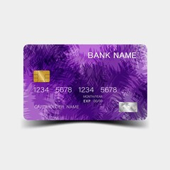 Modern credit card template design. With inspiration from the line abstract. Purple and black color on gray background illustration. Glossy plastic style