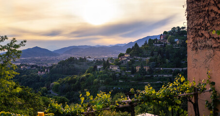 Bergamo, Italy. View of the hills surrounding the historic center of Bergamo. Panorama seen from Via San Vigilio located on the hill of the old medieval city, Lombardy.