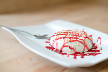 Panna cotta dessert elegantly served on a plate ready for serving.