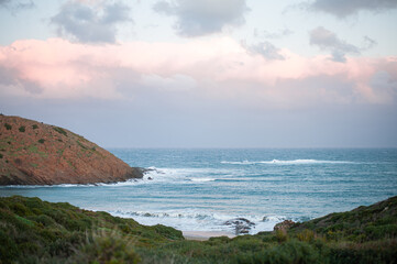stormy winter sea in the evening dusk