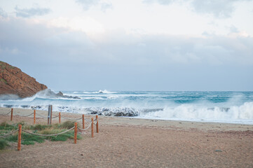 stormy winter sea in the evening dusk