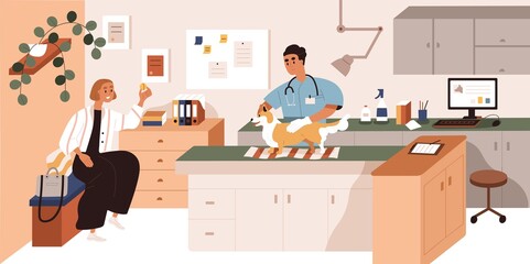 Veterinarian doctor, dog and pet owner at health checkup in vet clinic. Physician examining puppy in animal hospital. Examination in modern veterinary medical center. Colored flat vector illustration