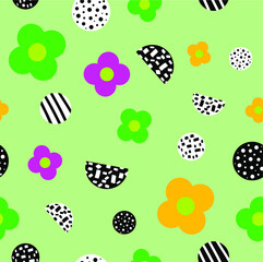 Abstract Hand Drawing Flower and Dots Doodle Seamless Vector Pattern Isolated Background