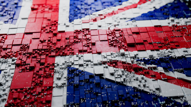 Flag of United Kingdom rendered in a Futuristic 3D style. British Innovation Concept. Tech Background.