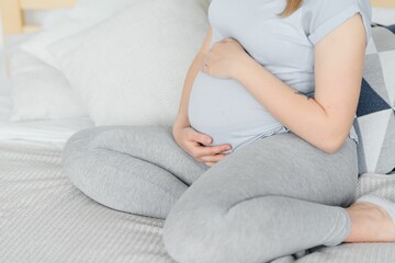 Young pregnant woman sitting on sofa