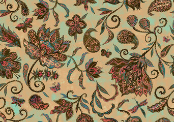 Paisley watercolor floral pattern tile: flowers, flores, tulips, leaves. Oriental indian traditional hand painted water color whimsical seamless print, ceramic design. Abstract india batik background