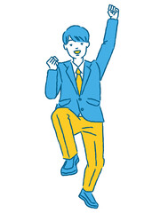 ガッツポーズで応援する男子学生（全身）