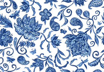 Paisley watercolor floral pattern tile: flowers, flores, tulips, leaves. Oriental indian traditional hand painted water color whimsical seamless print, ceramic design. Abstract india batik background