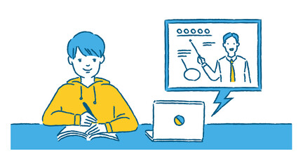 パソコンでオンライン授業を受ける男の子