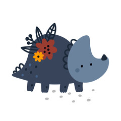 Cartoon dinosaur illustration for kids. Wild baby animal character for nursery cloth, prints, card, room decoration. Cute baby dinosaur with cartoon flowers.