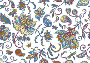 Paisley watercolor floral pattern tile: flowers, flores, tulips, leaves. Oriental indian traditional hand painted water color whimsical seamless print, ceramic design. Abstract india batik background