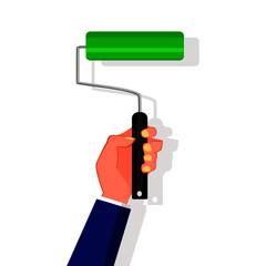 A person hand holding a paint roller isolated on a white background