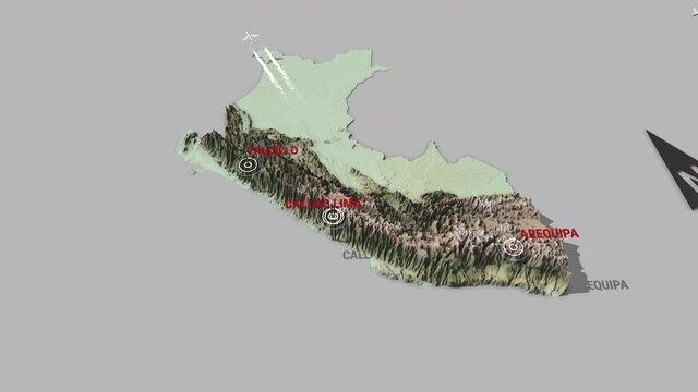 Seamless looping animation of the 3d terrain map of Peru with the capital and the biggest cites in 4K resolution