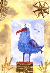 funny watercolor gull on a stump tied with a sea rope on a background of sand with a wind rose, a grid, the names of the cardinal directions and dried plants.old vintage postal mark
