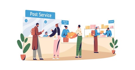 People sending and receiving parcels in post office. Postal service with pick-up point and courier counter. Work of mail business. Colored flat vector illustration isolated on white background