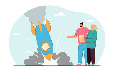 Scientist worrying about bomb. Man and woman displeased by experiment. Fallen bomb or rocket. Scientific misfortune concept for banner, website design or landing web page