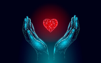 Fundraising giving heart symbol money hand. Charity volunteer giving donate social project. Finance funding dark low poly vector illustration