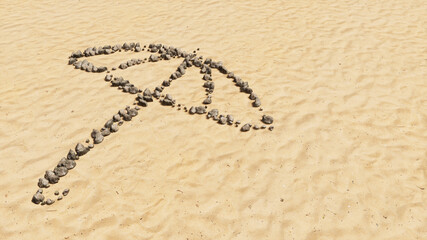 Concept conceptual stones on beach sand handmade symbol shape, golden sandy background, opened umbrella sign. 3d metaphor for protection, security and comfort,  tourism, fashion and style