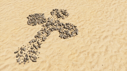 Concept conceptual stones on beach sand handmade symbol shape, golden sandy background, christian cross. A 3d illustration metaphor for God, Christ, religion, spirituality, prayer, Jesus belief