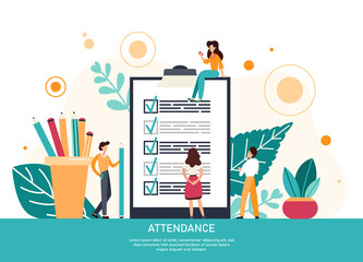 Attendance concept. Check list with done mard, businessman with questionnaire on clipboard. Flat Vector Illustration - obrazy, fototapety, plakaty
