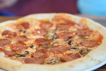 pizza on a wooden table