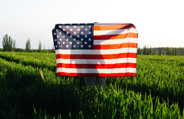 Beautiful girl with the American flag in a wheat field. 4th of July. Independence Day