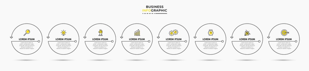 Fototapeta premium Vector Infographic thin line design business template with icons and 8 options or steps. Can be used for process diagram, presentations, workflow layout, banner, flow chart, info graph