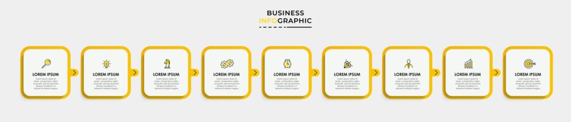 Vector Infographic design business template with icons and 9 options or steps. Can be used for process diagram, presentations, workflow layout, banner, flow chart, info graph