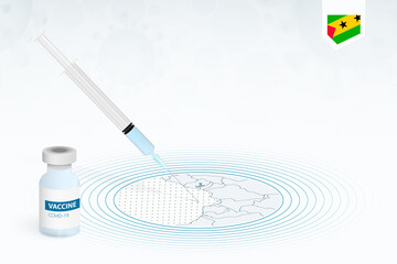 COVID-19 vaccination in Sao Tome and Principe, coronavirus vaccination illustration with vaccine bottle and syringe injection in map of Sao Tome and Principe.