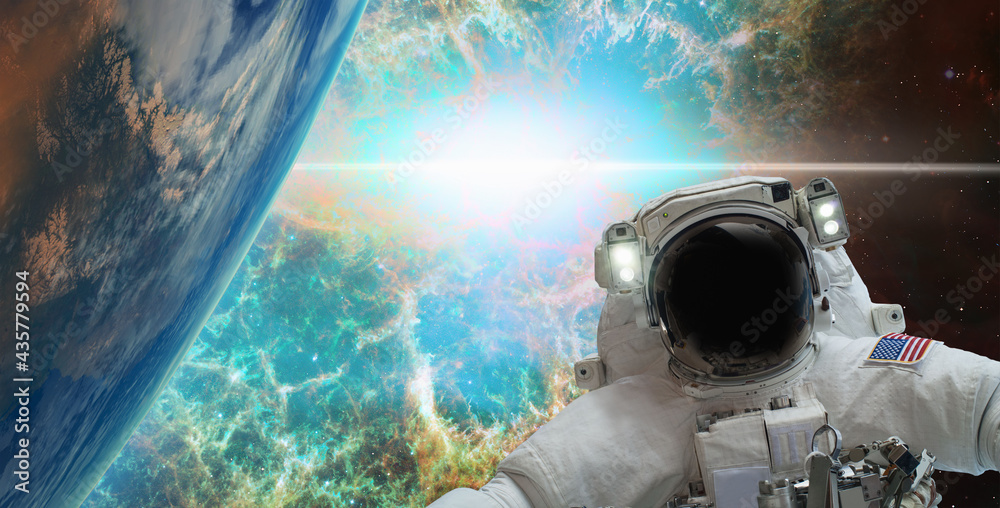 Aufkleber An astronaut performing a spacewalk with supernova explosion in the background 