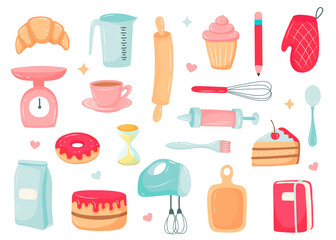kitchen set, cooking desserts, kitchen items. vector illustration in cartoon style