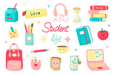 training set, student life, study stickers, school set. vector illustration in cartoon style.