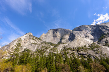 Fototapeta na wymiar Low point wide angle view of Half Dome and North Dome, Yosemite National Park