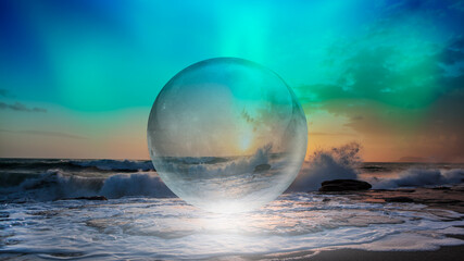 Northern lights - Aurora borealis in the sky with crystall moon on the foreground power sea wave