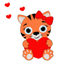 tiger cub with a heart in his hands and with a bow
