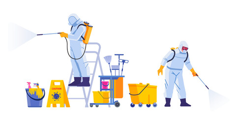 COVID-21 Coronavirus disinfect. Disinfecting workers wear protective masks and spacesuits against pandemic coronavirus or covid-19 sprays. Cartoon style vector illustration isolated background