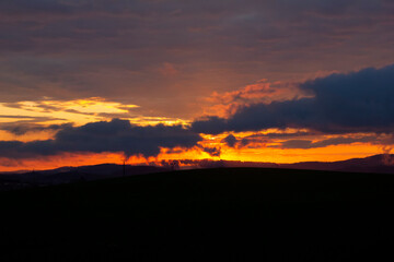 Sunset sky. Sky in fire. Spring evening, Czechia.