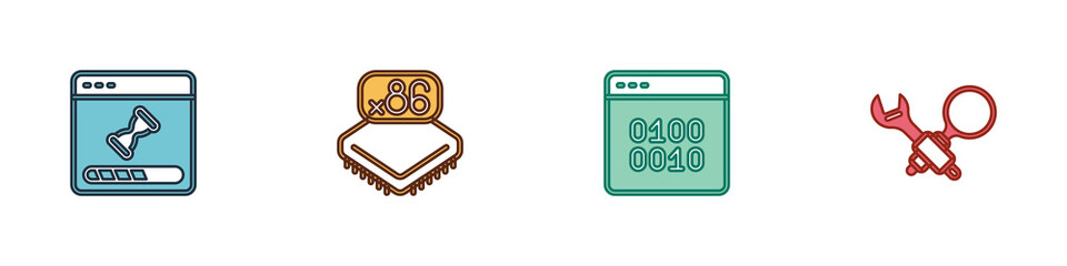 Set Loading data window, Processor with microcircuits CPU, Binary code and Debugging icon. Vector